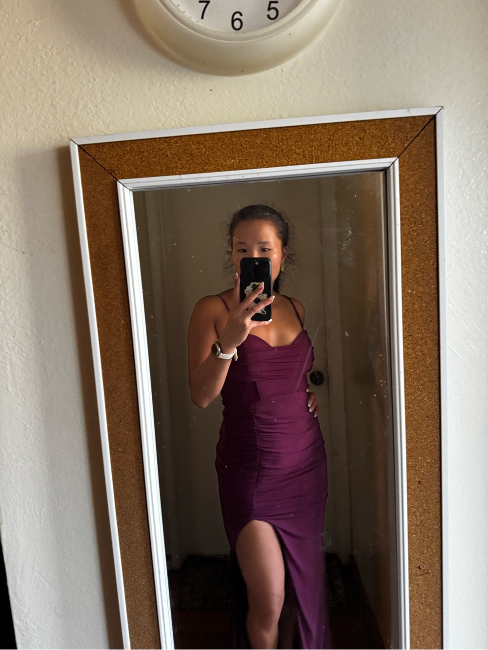 Lulu's Plum Ruched Spaghetti-Strap Prom Gown with Side Slit